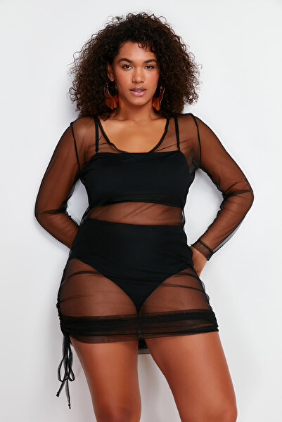 Trendyol Curve Mini Mesh Beach Dress - Black, Drawstring Detail TBBSS24AH00137