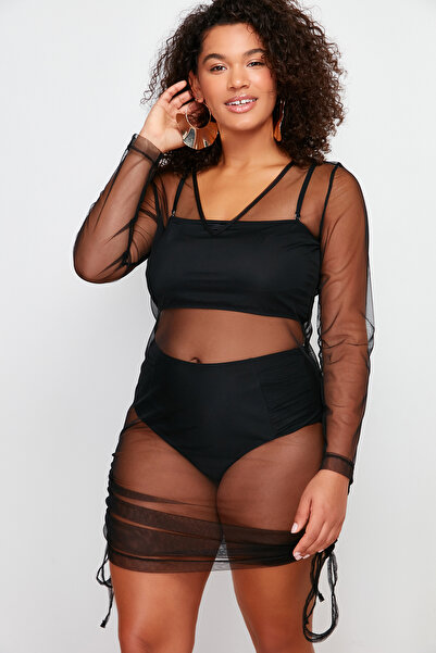 Trendyol Curve Mini Mesh Beach Dress - Black, Drawstring Detail TBBSS24AH00137