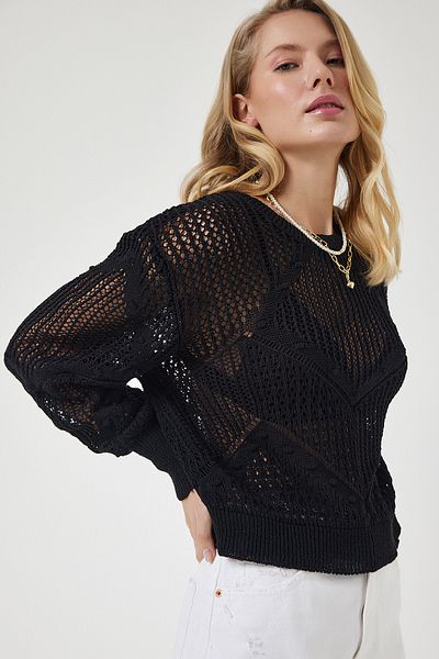 Happiness İstanbul Pulover tricotat sezonier negru pentru femei MW00143