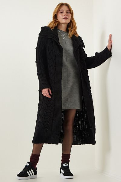 Happiness İstanbul Women's Black Wide Collar Motif Long Knit Cardigan NS00398