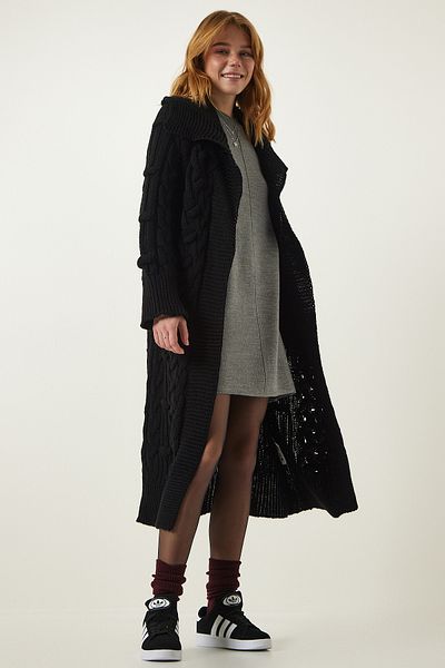Happiness İstanbul Women's Black Wide Collar Motif Long Knit Cardigan NS00398