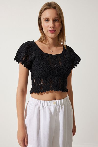 Happiness İstanbul Schwarze gefütterte Strickbluse für Damen YU00012