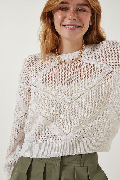 Happiness İstanbul Pulover tricotat sezonier crem pentru femei MW00143