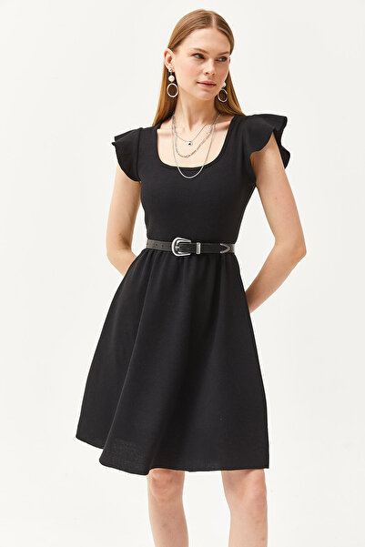 Olalook Kadın Siyah U Yaka Kol Detaylı Kloş Elbise ELB-19002094