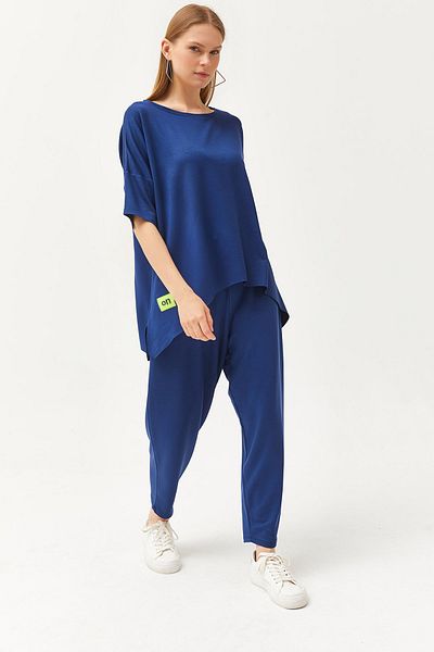 Olalook Women's Navy Blue Asymmetrical Blouse Soft Textured Bottom Top Crystal Suit TKM-19000269
