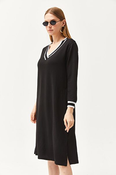 Olalook Kadın Siyah Yaka Detaylı Cepli Yırtmaçlı Salaş Kristal Elbise ELB-19002093