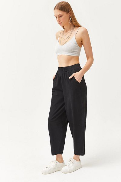 Olalook Women's Black Elastic Waist Pocket Baggy Cut Gabardine Trousers PNT-19000267