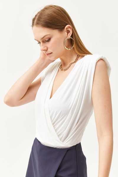 Olalook Weißer, drapierter, zweireihiger Bodysuit mit Kragen und Druckknöpfen für Damen BDY-00000048