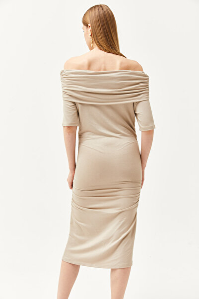 Olalook Women's Stone Madonna Collar Drape Detailed Soft Textured Dress ELB-19002091