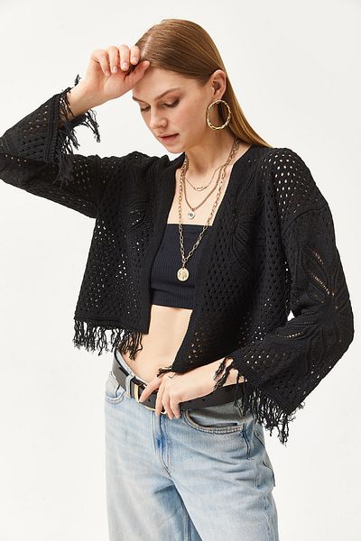 Olalook Cardigan negru din bumbac cu ciucuri, cu model floral, pentru femei HRK-19000281