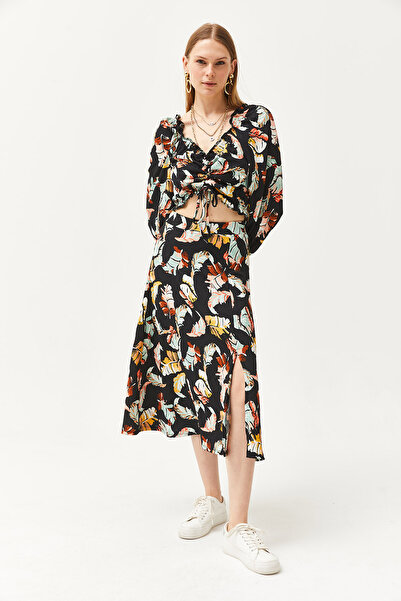 Olalook Dámská černá top halenka spodní rozparkovaná sukně sada TKM-19000188