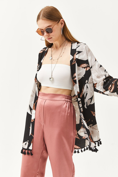 Olalook Women's Palm Black Tasseled Loose Knitted Kimono KMN-00000056