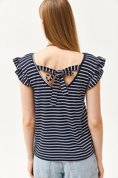 Olalook Γυναικεία ριγέ μπλε ναυτικό μανίκι Frilly πίσω γραβάτα πλεκτή βισκόζη μπλούζα BLZ-19002555