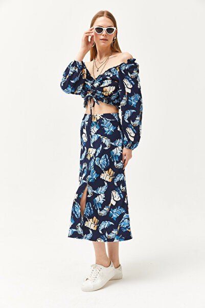 Olalook Női sötétkék felső blúz alsó hasított szoknya készlet TKM-19000188