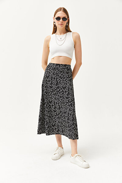 Olalook Kadın Japon Siyah Beli Lastikli Desenli Uzun Etek ETK-19000259