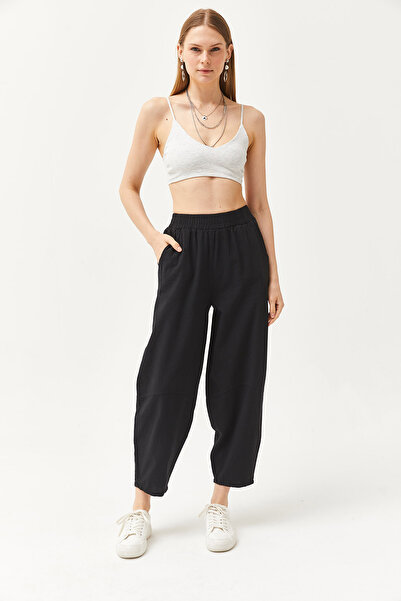 Olalook Kadın Siyah Beli Lastikli Cepli Şalvar Kesim Gabardin Pantolon PNT-19000267