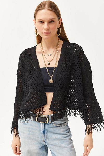 Olalook Cardigan negru din bumbac cu ciucuri, cu model floral, pentru femei HRK-19000281