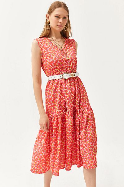 Olalook Korallefarbenes Damen-Strickkleid mit V-Ausschnitt und elastischer Taille ELB-19002090