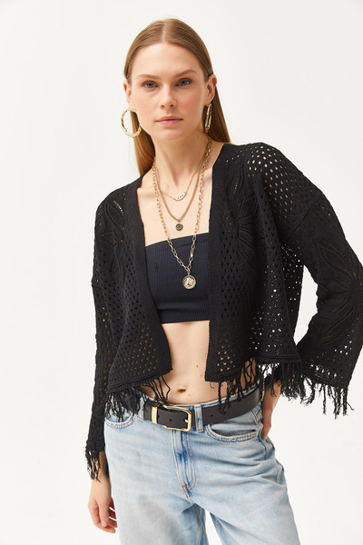 Olalook Dámský bavlněný svetr s černým květinovým vzorem a střapcem HRK-19000281