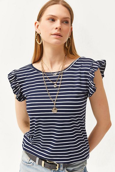 Olalook Γυναικεία ριγέ μπλε ναυτικό μανίκι Frilly πίσω γραβάτα πλεκτή βισκόζη μπλούζα BLZ-19002555