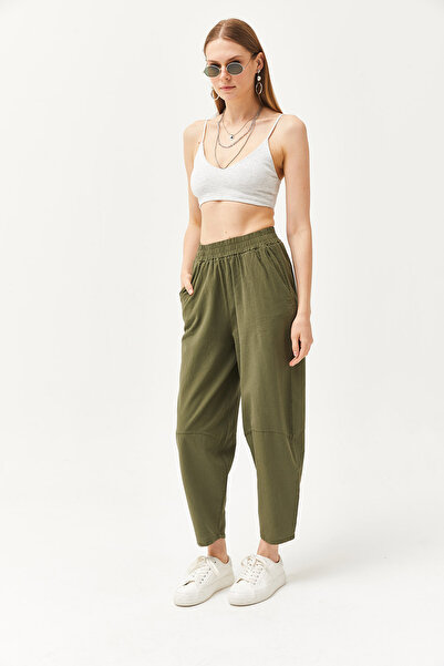 Olalook Kadın Haki Beli Lastikli Cepli Şalvar Kesim Gabardin Pantolon PNT-19000267