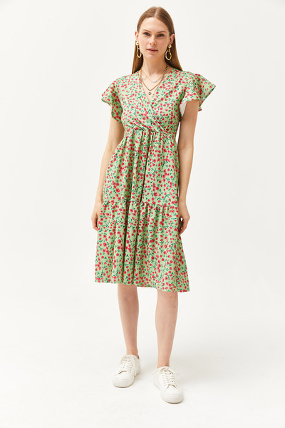 Olalook Damen-Strickkleid mit zweireihigem Kragen und Ärmeln in Grün und Rosa ELB-19002089