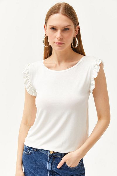 Olalook Women's Ecru Sleeve Frilly Back Tie Knitted Viscose Blouse BLZ-19002555