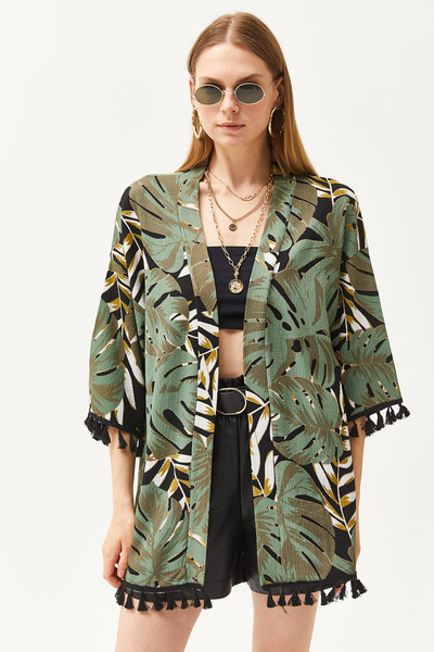 Olalook Women's Palm Green Tasseled Loose Knitted Kimono KMN-00000056