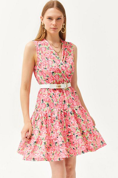 Olalook Rosa-grünes zweireihiges Strickkleid mit Kragen und elastischer Taille für Damen ELB-19002088