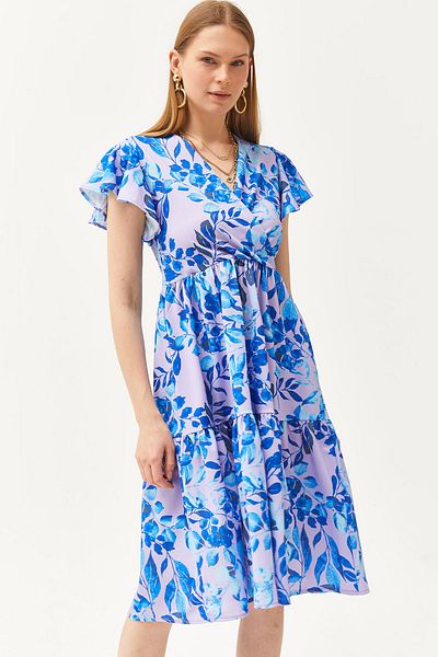 Olalook Rochie tricotată detaliată cu mâneci cu guler dublu liliac albastru pentru femei ELB-19002089