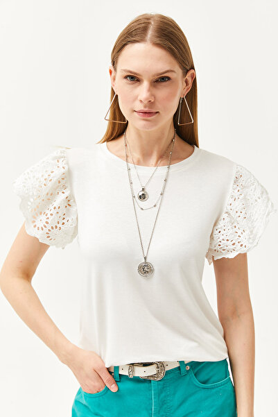 Olalook Damenbluse aus Viskose mit ecrufarbenen Ärmeln und gewelltem Saum BLZ-19002553