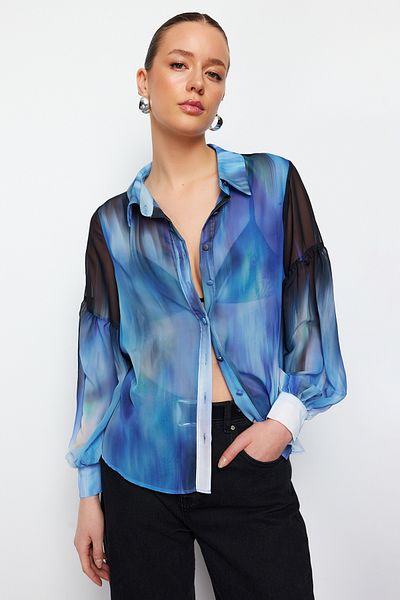 Trendyol Collection Cămașă albastră din șifon cu model cu mâneci cu balon - oversize, cu potrivire largă TWOSS24GO00003