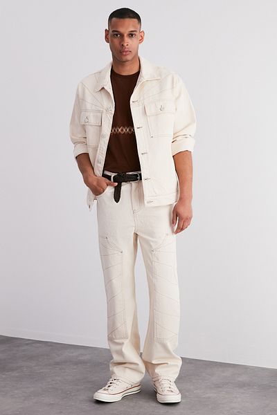 Trendyol Collection Ecru Embroidered Baggy/ 90's Straight Fit Jeans Loose Jeans TMNSS24JE00004