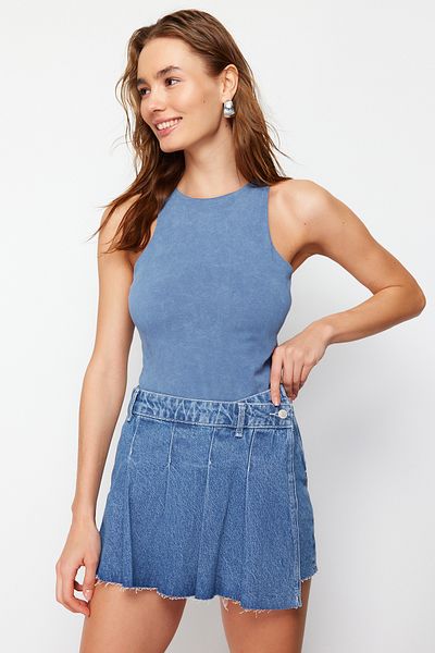 Trendyol Collection Темно-синя плісирована спідниця з деніму TWOSS24SR00062