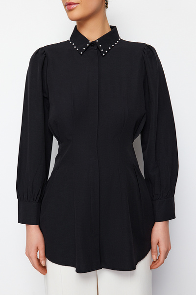 Trendyol Modest Černá perleťová tkaná košile v pase TCTAW24TG00027