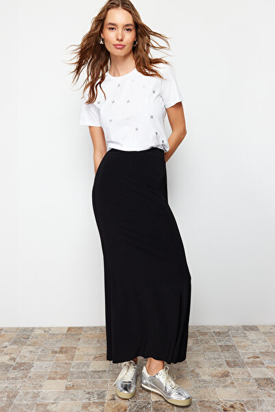 Trendyol Collection Fusta maxi neagră, tricotată, elastică, în formă de pește TWOSS24ET00155