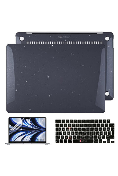 NovStrap حافظة فضية اللون حافظة لوحة مفاتيح سوداء متوافقة مع Apple Macbook Air M2 13.6 بوصة A2681