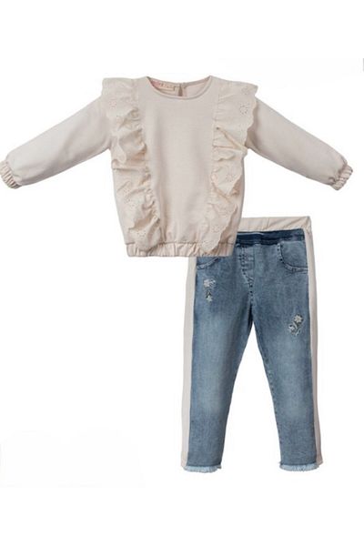 morwind Girl's 2-Piece Jeans Set Cotton Ruffle Detailed Holiday Set