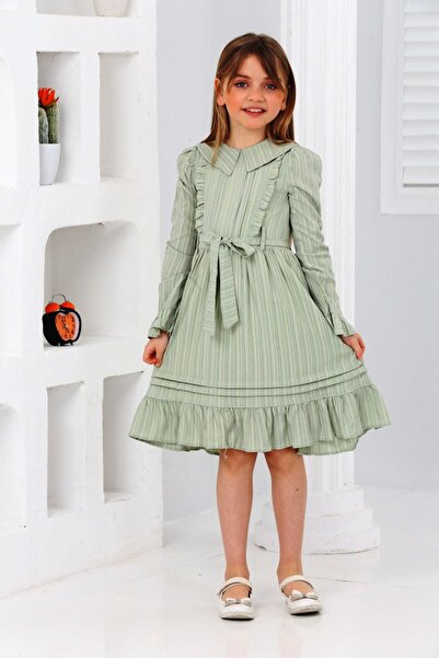 İ&K ŞIMARIK KİDS ÖNÜ PİLELİ FIRFIRLI  YAKALI KUŞAKLI ETEGİ PİLELİLİ ELBİSE