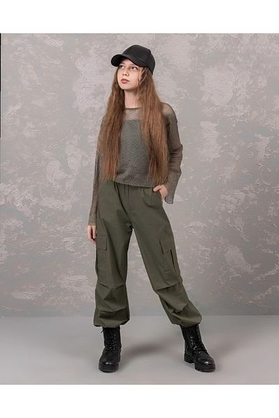 DMB BOYS & GIRLS Girl's 3-Piece Set-Strapped Body & Mesh Blouse, Adjustable Legs Rubber Cargo Pocket Trousers