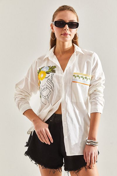 Bianco Lucci Women's Embroidered Linen Shirt60171047