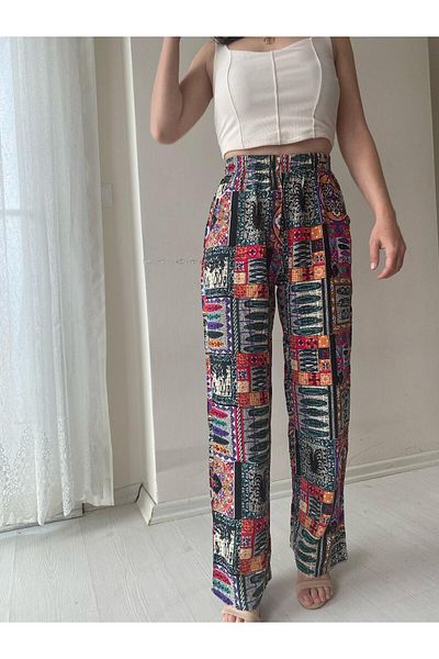 Fendimod Women's Patterned Wide Leg High Waist Trousers
