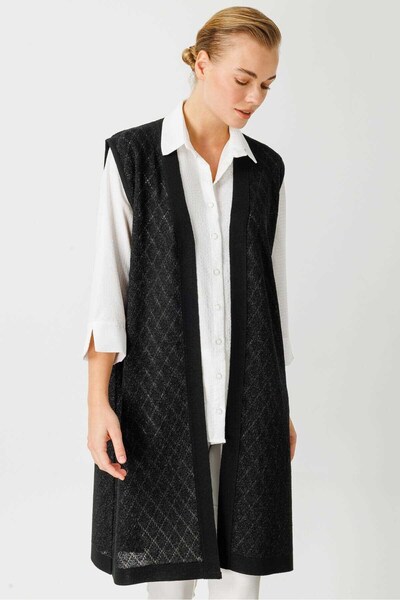 Mutlu Ertan Baklava Pattern Openwork Knitwear Long Vest