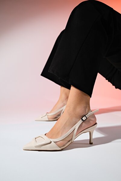 LuviShoes FOLEY Beige Patent Leather Striped Women's Pointed Toe Open Back Thin Heeled Shoes