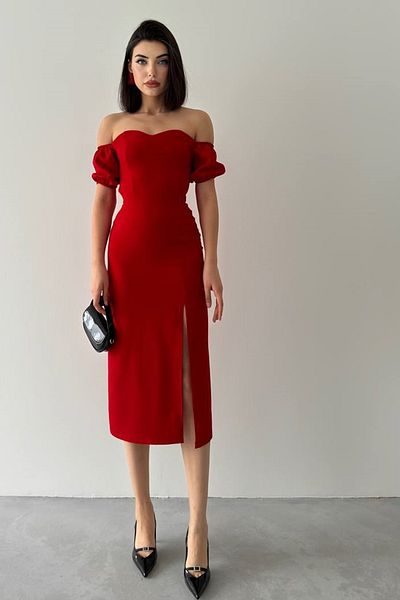 lovebox Women's Atlas Fabric Back Lacing Design Strapless Neck Slit Detail Midi Red Evening Dress 227