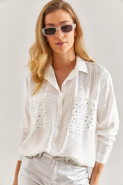 Bianco Lucci Damen-Hemd Ayrobin aus Leinen mit Steinstickerei und Doppeltaschen60171043