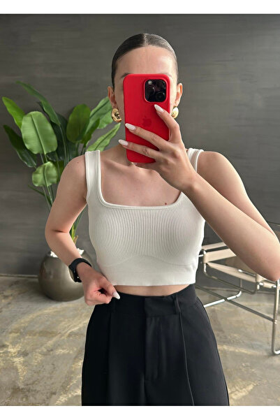 My Blog Women's Ecru Square Collar Ribbed Tank Top