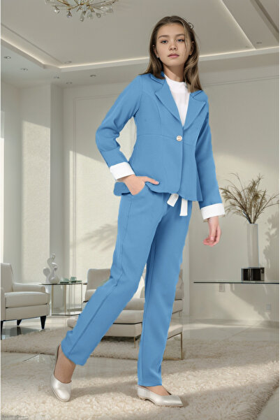 Jannock Kız Çocuk Takım Elbise Blazer Ceket-Bluz-Pantolon 3 lü Set