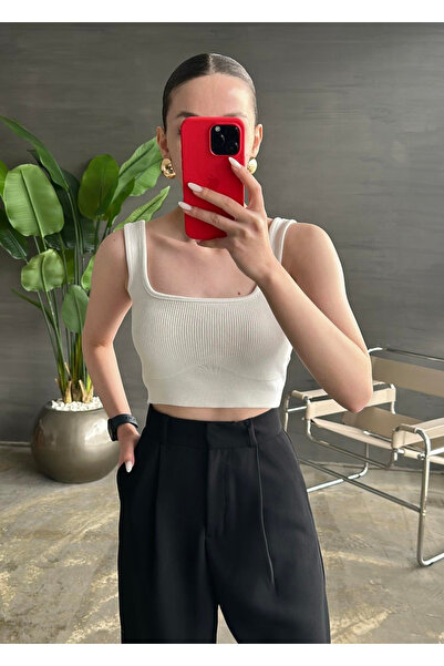 My Blog Women's Ecru Square Collar Ribbed Tank Top