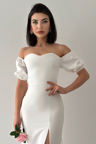 lovebox Rochie de seară albă midi, țesătură Atlas pentru femei, design cu șireturi pe spate, fără bretele, la gât, cu fante 227